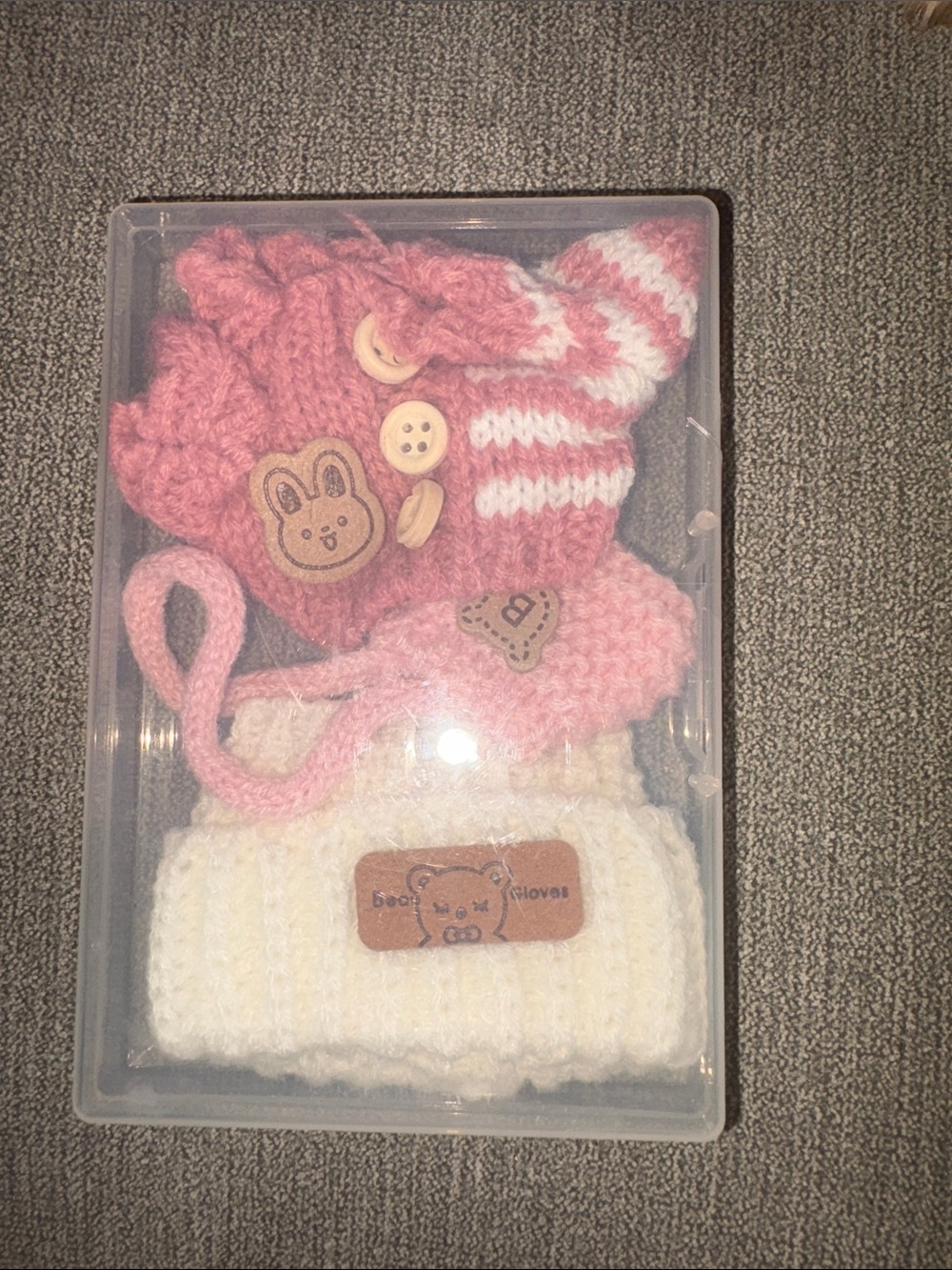 Kids  Labubu Pink and White Knit Hat & Mittens Set